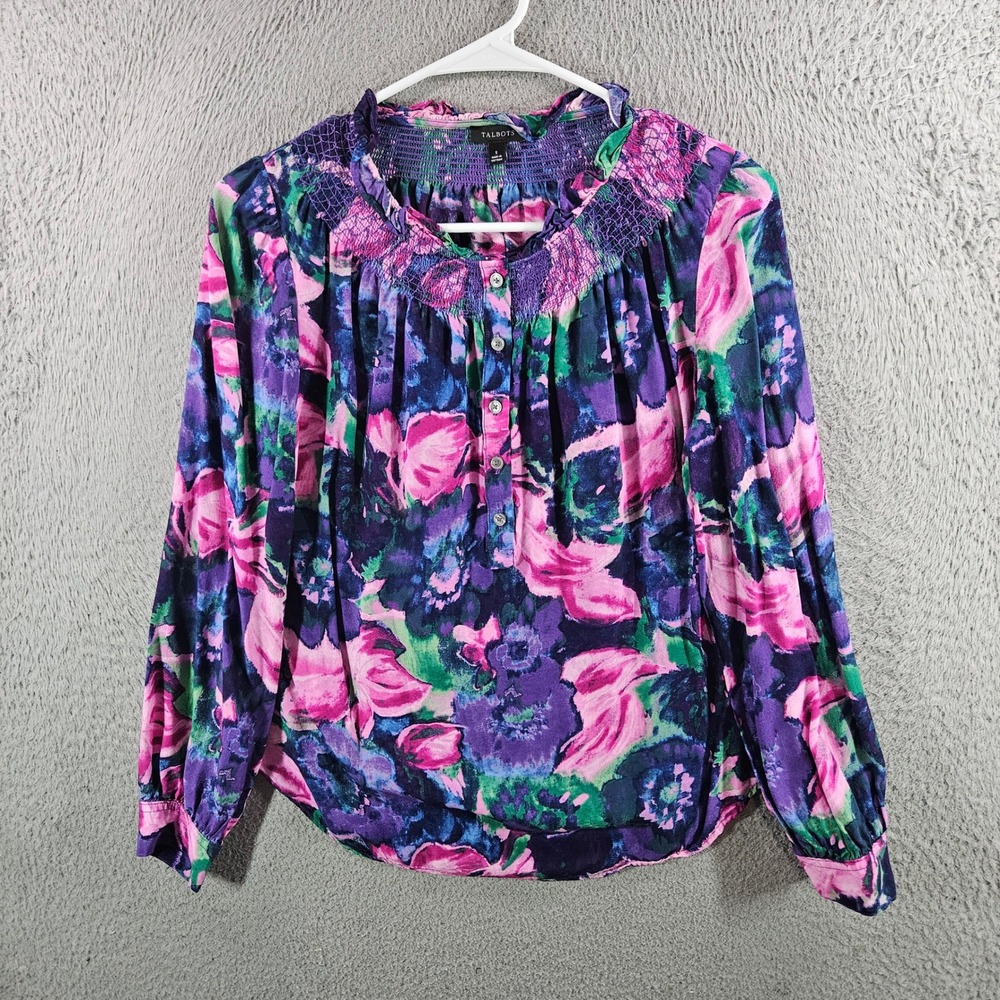 Talbots Womens Small Purple Pink Floral Smocked Ruffle Neck Viscose Blouse Top